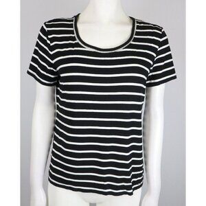 TOMMY HILFIGER - WOMEN'S BLACK AND WHITE STRIPED SHORT SLEEVE TOP -SIZE M
